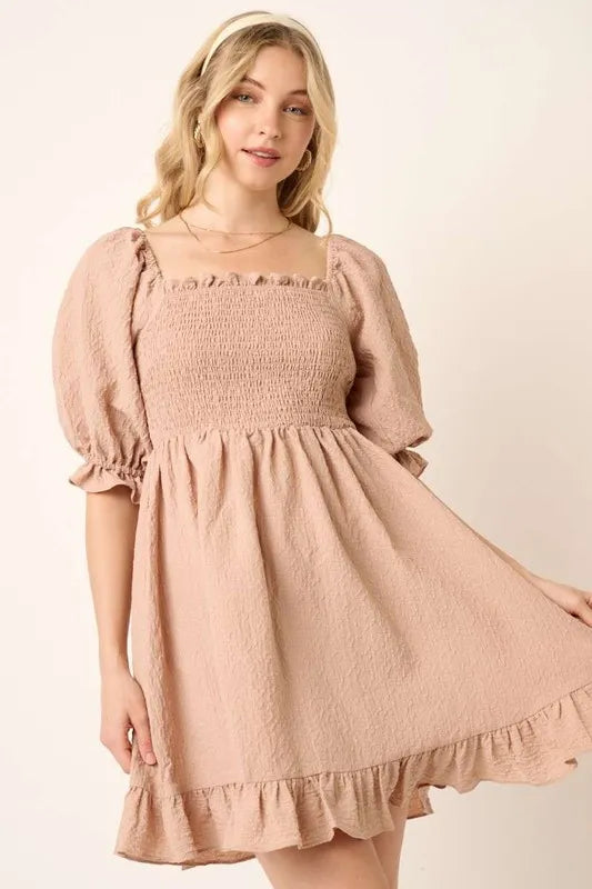 Smocked Ruffled Hem Half Sleeve Mini Dress in Taupe - product view 4