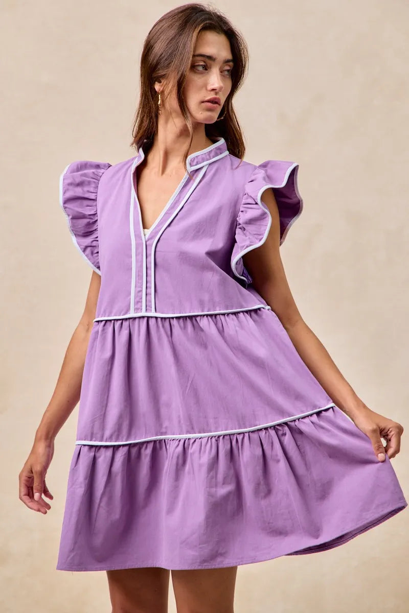 Gameday Theme Contrast Binding Ruffled Dress - Purple - product view 4