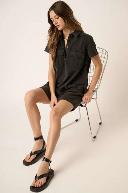 Button Detail Collared Neck Short Sleeve Shirt Dress - Black - product view 2