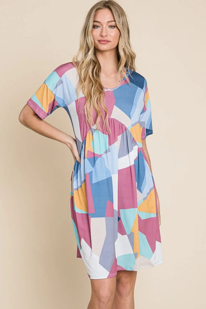 Ruched Color Block Short Sleeve Dress in Multicolor - product view 4