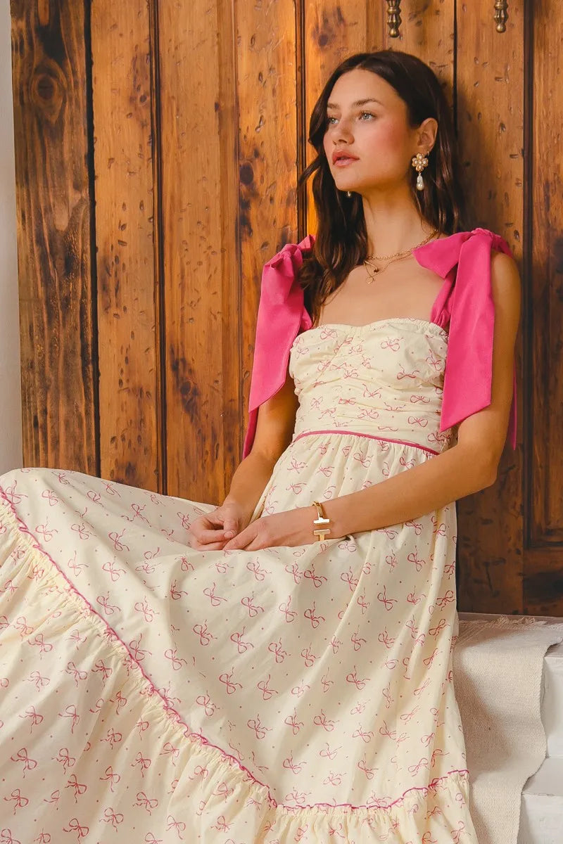 Ribbon Flowy Maxi Dress with Contrast Trim in Cream/Pink - product view 6