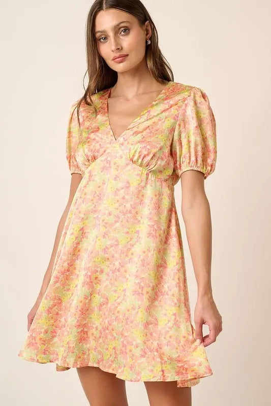 Printed V-Neck Puff Sleeve Mini Dress in Yellow Combo - product view 2