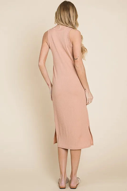 Ribbed Knit Sleeveless Midi Dress in Apricot - product view 5