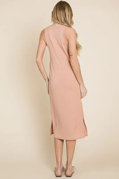 Ribbed Knit Sleeveless Midi Dress in Apricot - product view 5