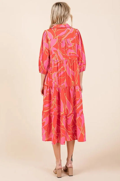 Tiered Printed Collared Neck Midi Dress in Coral - product view 2