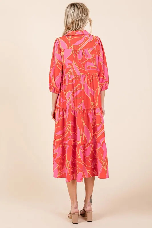 Tiered Printed Collared Neck Midi Dress in Coral - product view 2