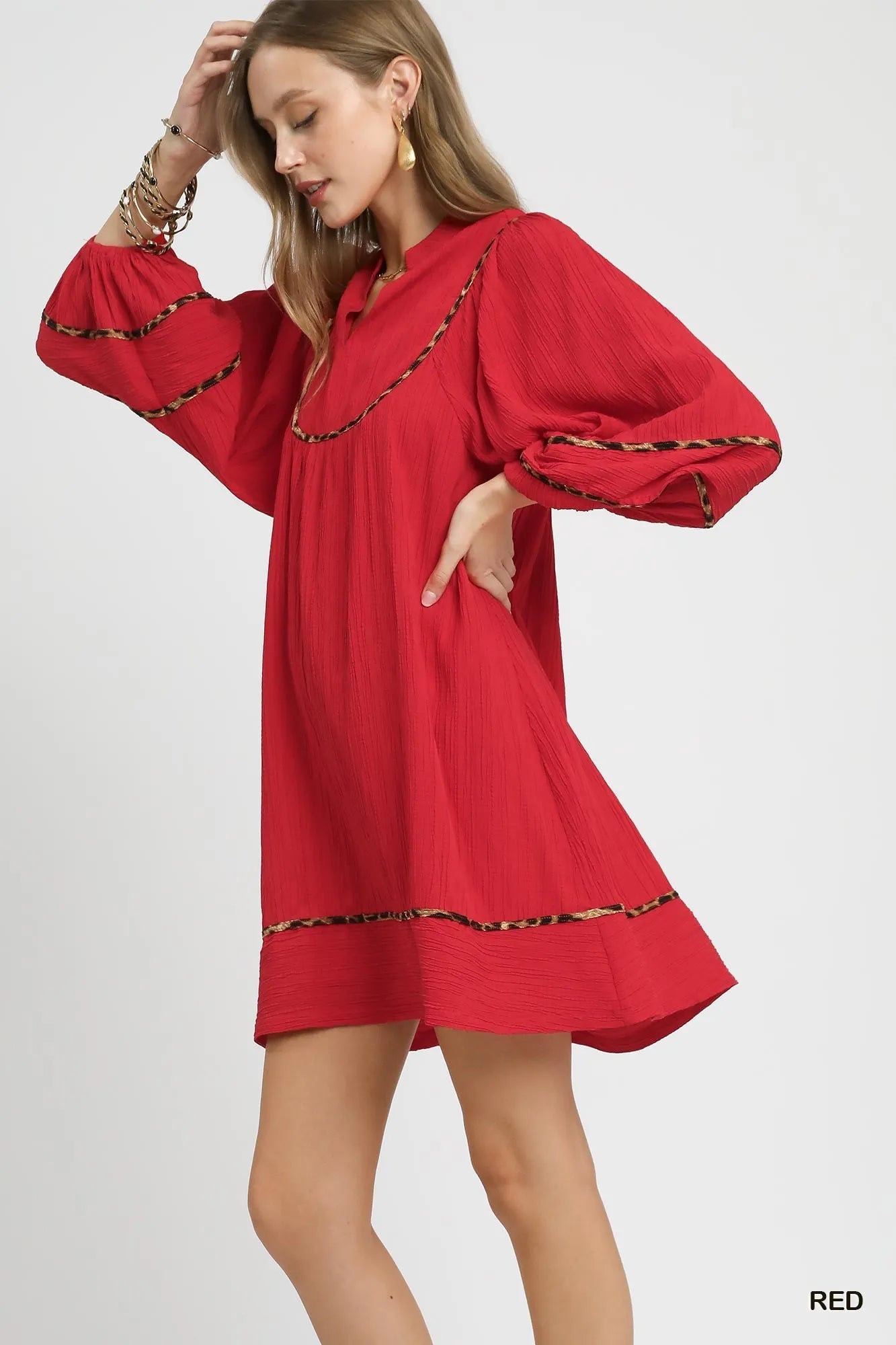 Textured Babydoll Dress with Leopard Trim - Red - product view 3