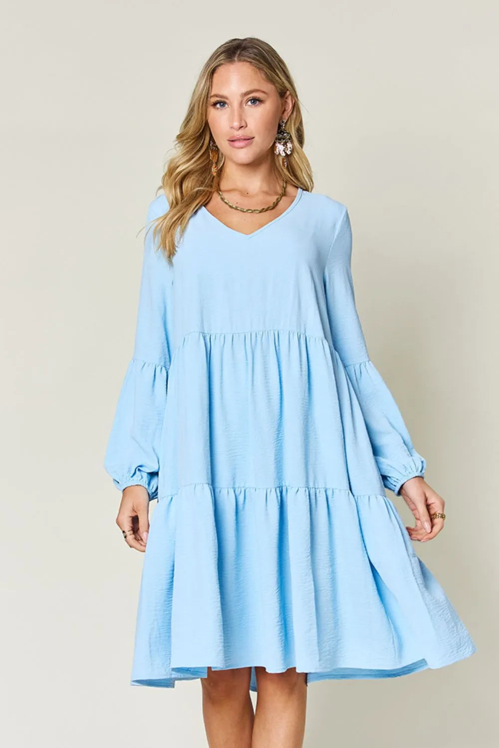 Full Size V-Neck Balloon Sleeve Tiered Dress with Pockets in Light Green, Pink and more - product view 26