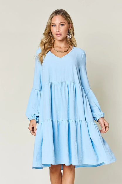 Full Size V-Neck Balloon Sleeve Tiered Dress with Pockets in Light Green, Pink and more - product view 26