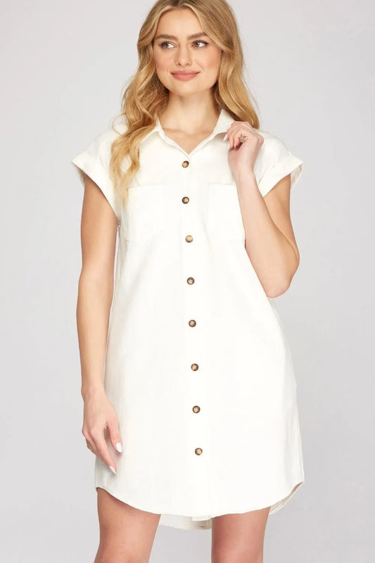 Full Size Folded Cuff Button Down Washed Twill Shirt Dress Plus Size - Ivory - product view 1