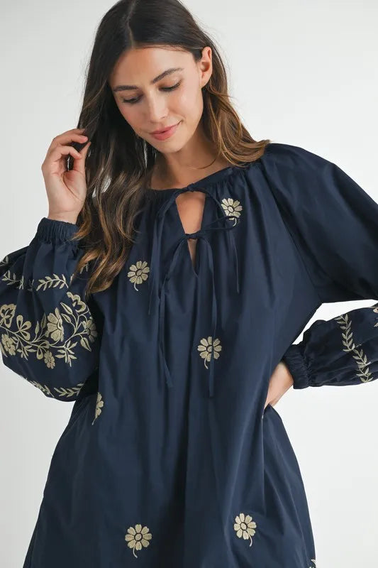 Embroidered Long Sleeve Peasant Mini Dress in Navy - product view 14