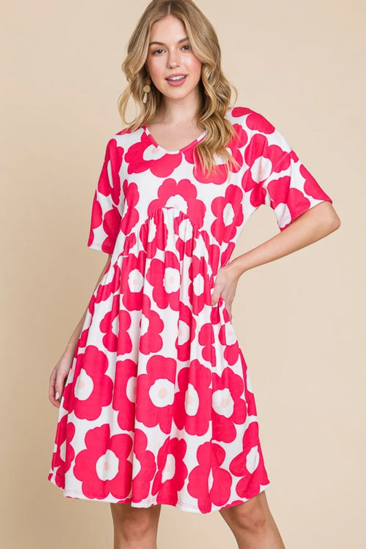 Flower Print Ruched Dress in Fuchsia - product view 1