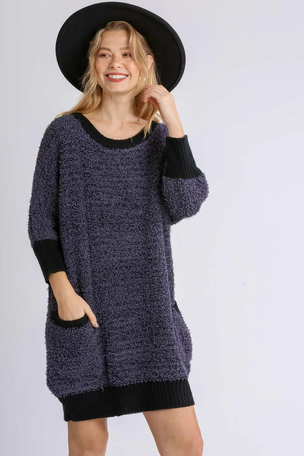 Full Size Ribbed Hem Round Neck 3/4 Sleeve Sweater Dress with Pockets Plus Size - Black - product view 1