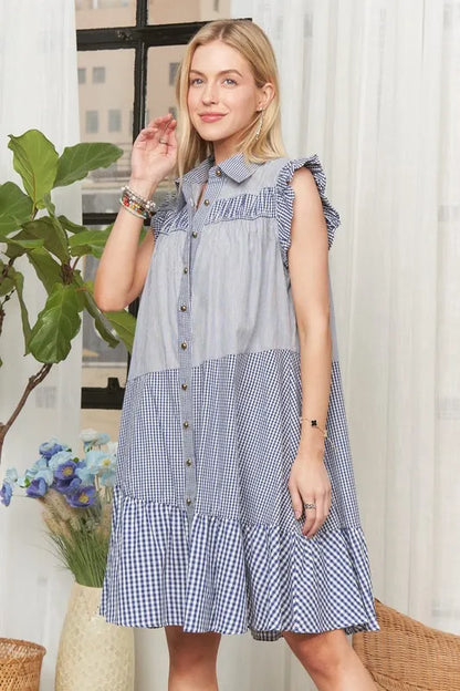 Button Down Textured Babydoll Dress in Blue - product view 4