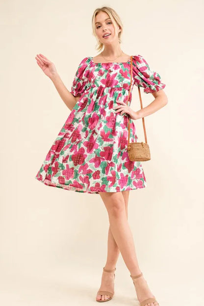 Smocked Floral Ruffle Short Sleeve Mini Dress in Fuchsia - product view 1