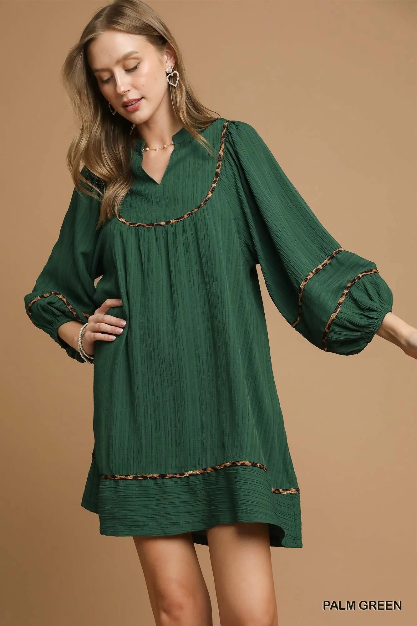 Textured Babydoll Dress with Leopard Trim - Palm Green - product view 1