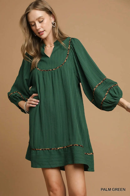 Textured Babydoll Dress with Leopard Trim - Palm Green - product view 1