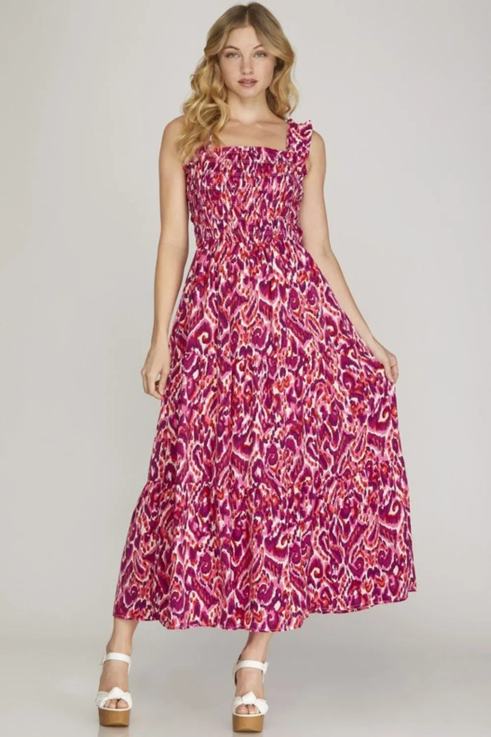 Full Size Smocked Printed Wide Strap Tiered Dress Plus Size - Deep Rose - product view 1
