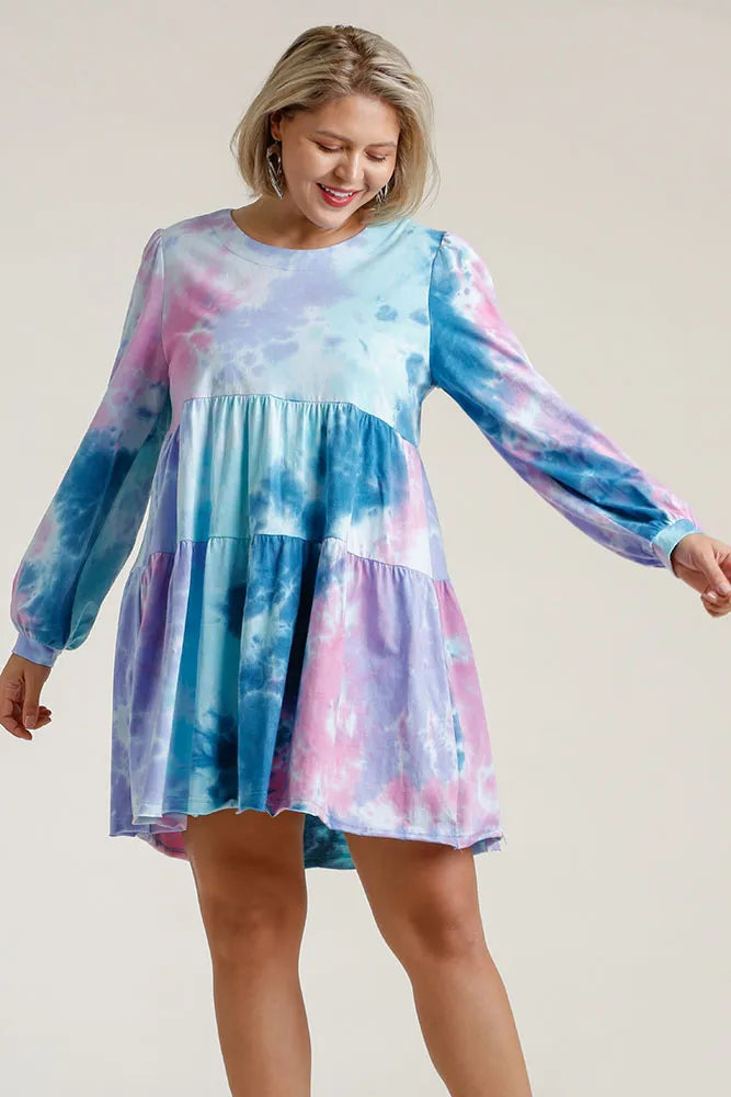 Full Size Tie Dye Round Neck Long Sleeve Babydoll Tiered Dress Plus Size in Teal/Pink - product view 3