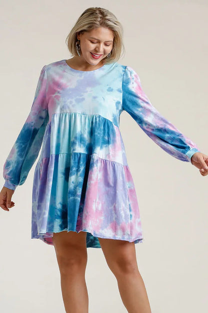 Full Size Tie Dye Round Neck Long Sleeve Babydoll Tiered Dress Plus Size in Teal/Pink - product view 3