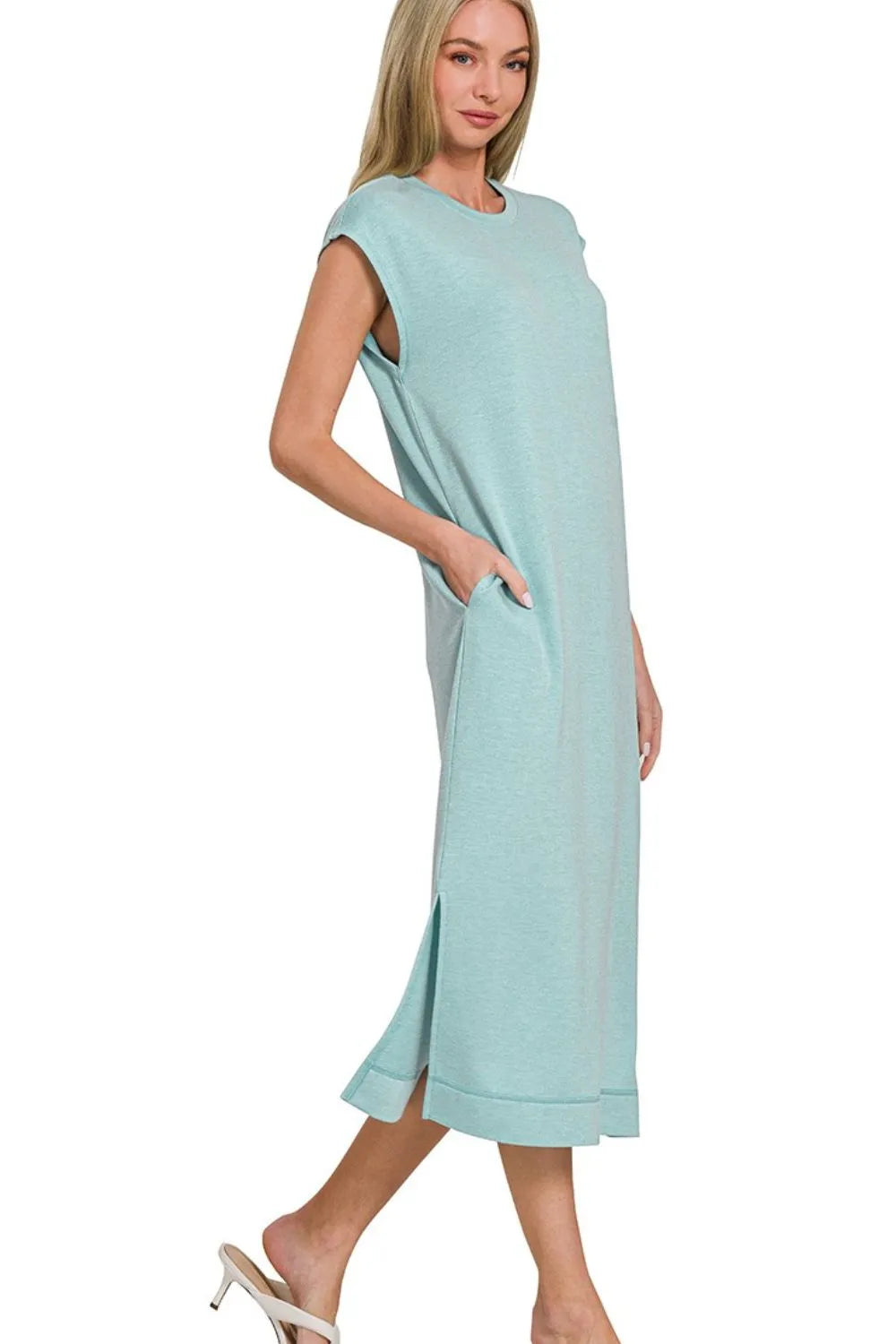 French Terry Sleeveless Round Neck Midi Dress - Dusty Teal - product view 2