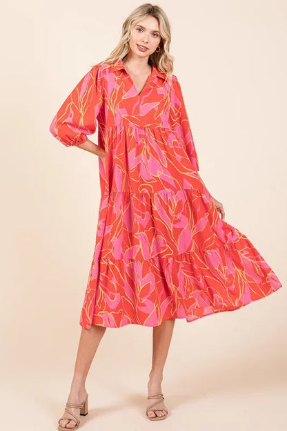 Tiered Printed Collared Neck Midi Dress in Coral - product view 3