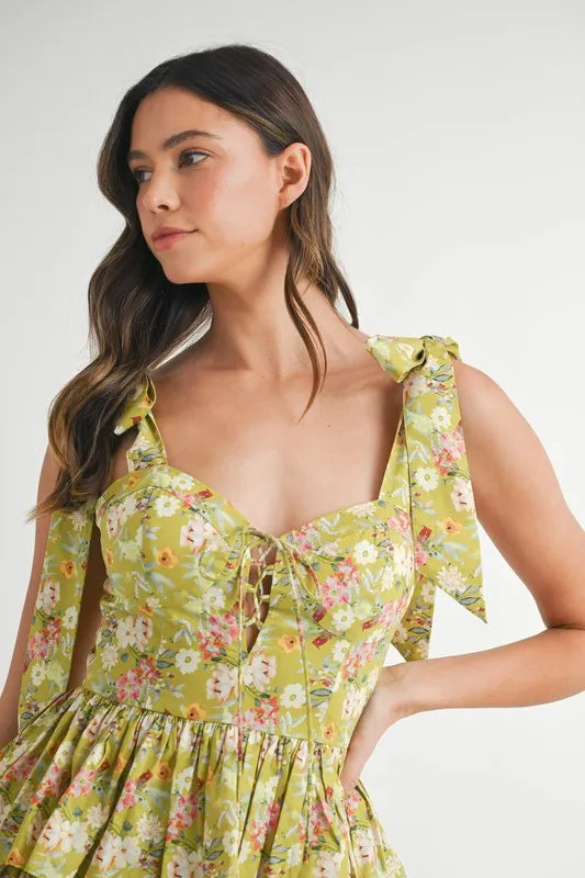 Floral Print Shoulder Tie Layered Mini Dress - Kiwi - product view 12