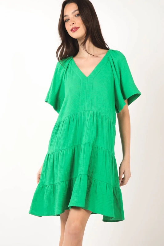 Texture V-Neck Ruffled Tiered Dress - Green - product view 1