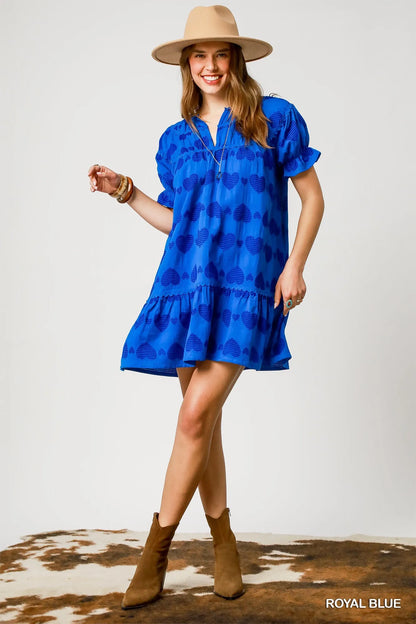 Heart Pattern Short Sleeve Ruffle Babydoll Dress - Royal Blue - product view 5
