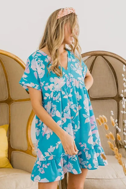 Floral Crinkle Shirred Ruffle Detail V Neck Dress in Soft Blue - product view 17