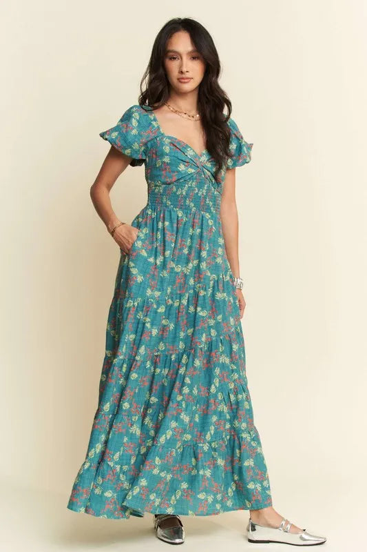 Lightweight Sweetheart Neck Textured Tiered Maxi Dress in Teal Green - product view 3