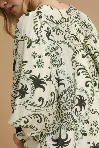 Boho Printed Balloon Sleeve Mini Dress - Olive - product view 5