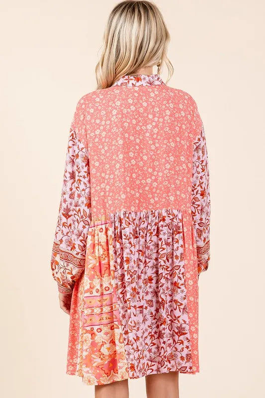 Floral Button Detail Long Sleeve Shirt Dress in Coral Pink - product view 5