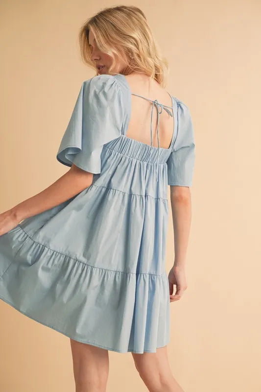 Square Neck Half Sleeve Tiered Dress - Light Blue - product view 5