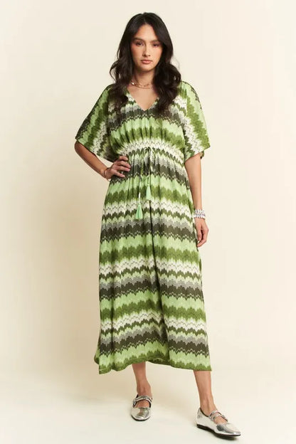 Multi Color Wavy Tie Waist Flowy Sleeve Dress - Sage Multi - product view 1