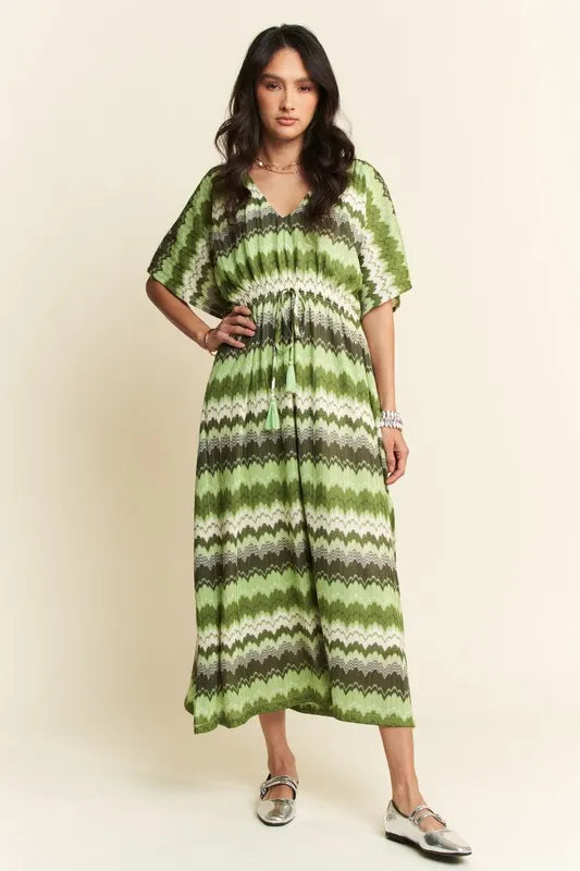 Multi Color Wavy Tie Waist Flowy Sleeve Dress - Sage Multi - product view 1
