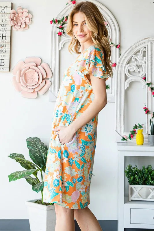Full Size Ruffled Short Sleeve Floral Mini Dress Plus Size in Orange - product view 12