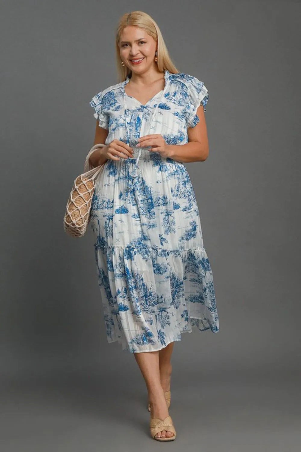 Full Size Two Tone Landscape Print Midi Dress Plus Size - Sky Blue - product view 2