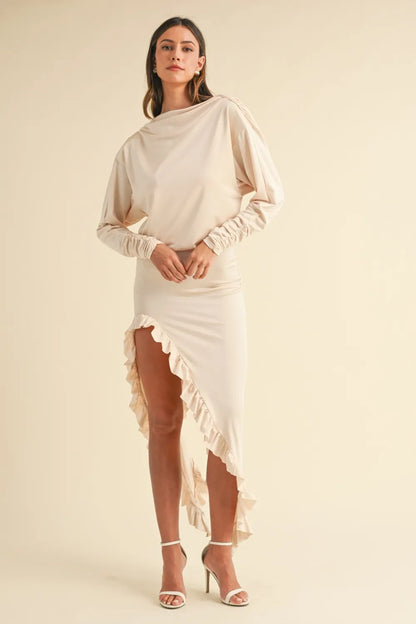Backless Asymmetric Ruffle Hem Dress - Cream - product view 1