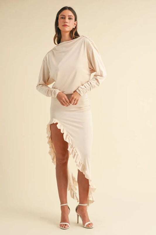 Backless Asymmetric Ruffle Hem Dress - Cream - product view 1