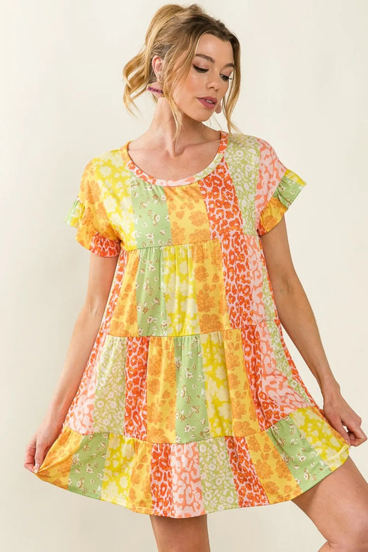 Leopard Short Sleeve Tiered Dress - Orange/Lime - product view 1
