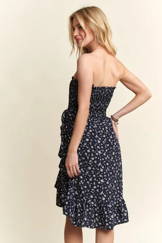 Smocked Floral Tube Dress with Pockets in Navy - product view 4