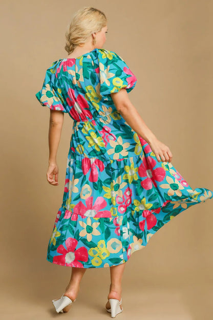 Full Size Tiered Floral Print Notched Puff Sleeve Midi Dress Plus Size - Azuremix - product view 5