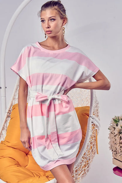 Tie Front Striped Short Sleeve Dress in Blush - product view 3