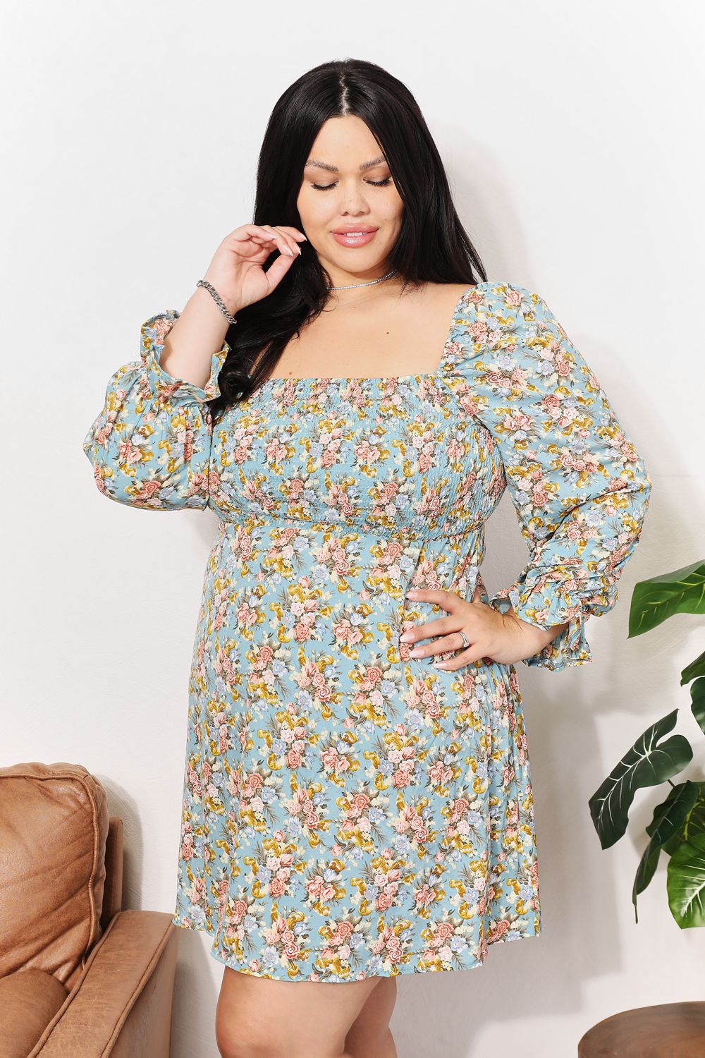 Honey Floral Smocked Flounce Sleeve Square Neck Dress - product view 9