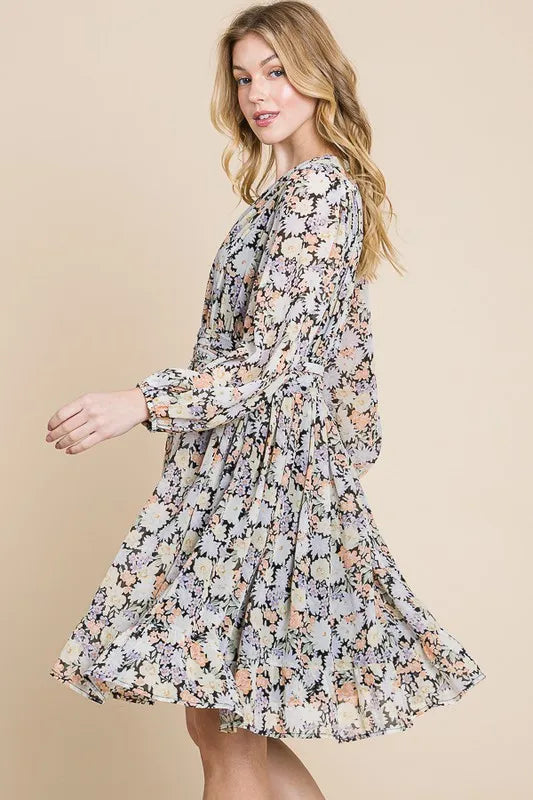 Chiffon Floral Print Belted Dress with Back Zipper - Black Floral - product view 2