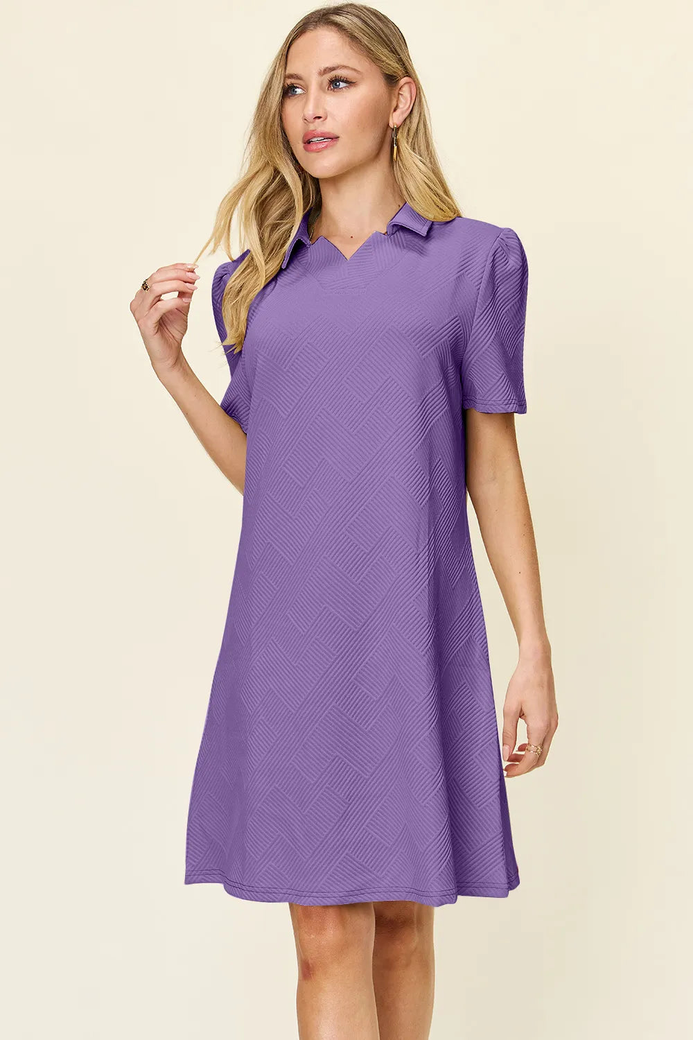 Full Size Texture Collared Neck Short Sleeve Dress in White, Lavender and more - product view 4