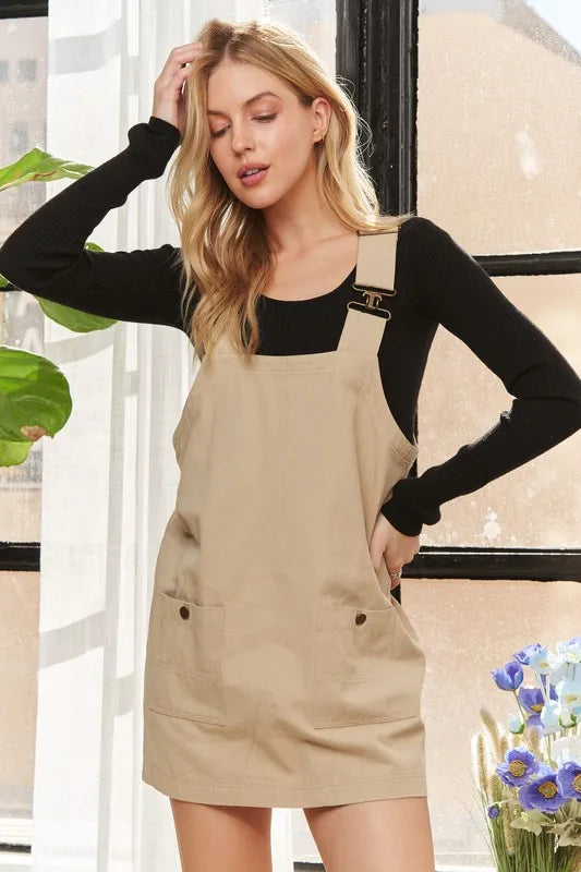Adjustable Wide Strap Square Neck Overall Dress - Tan - product view 1