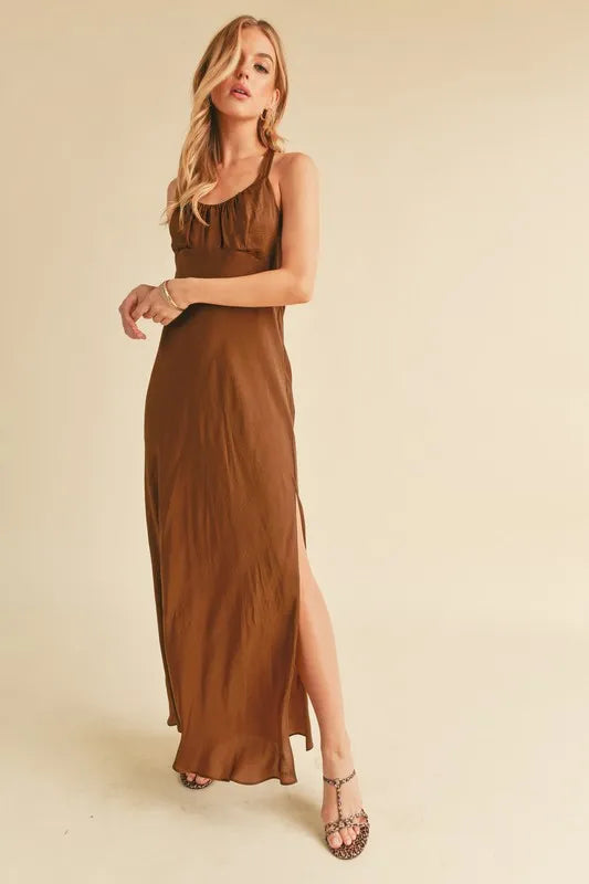 Ruched Side Slit Cutout Back Maxi Cami Dress - Brown - product view 2