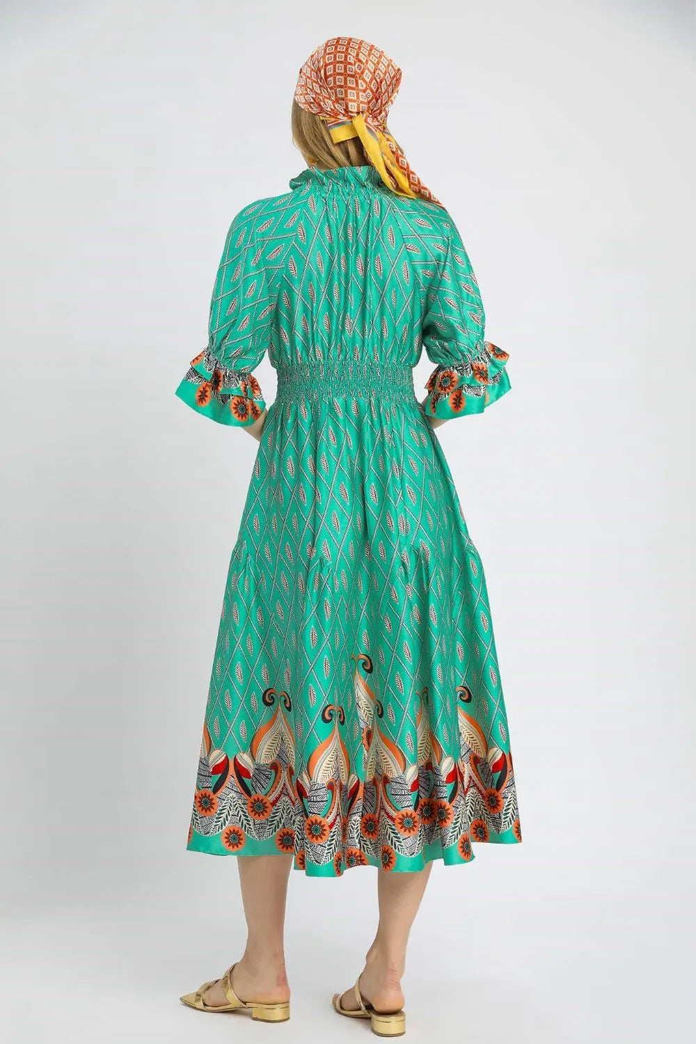 Printed Smocked Waist Flounce Sleeve Midi Dress - Turquoise - product view 3